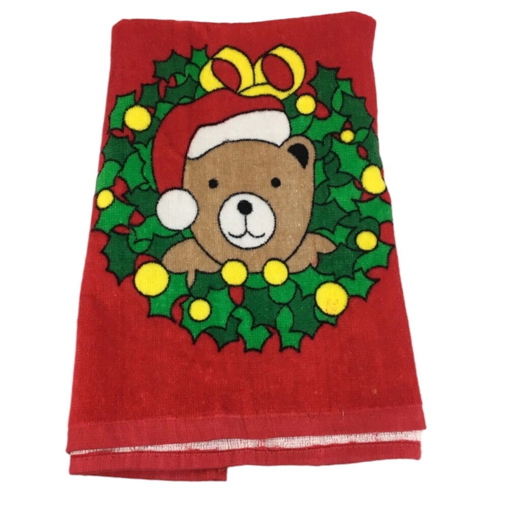 Vintage 80s Christmas Hilasal Santa Bear Wreath 100% Cotton Hand Towel Bathroom